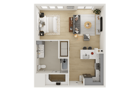 Floor plan for 1 bed, 1 bath, 684 sqft
